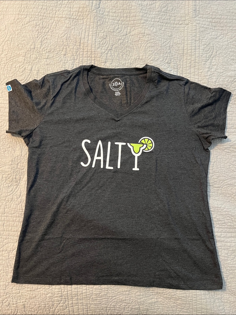 Salty Graphic V-Neck Tee in Charcoal with Lime Accent